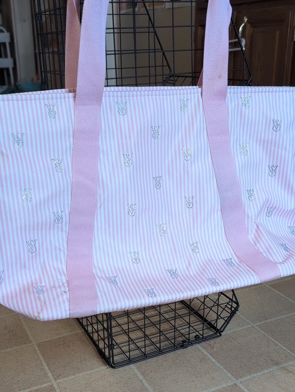 Victoria Secret Pink Striped Tote Bag with Silver Accent Embroidery
